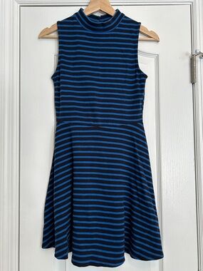 Forever 21 Navy & Bright Blue Striped Sleeveless Mock-Neck Fit-and-Flare Mini